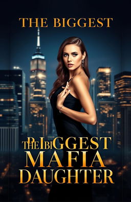 A beautifully designed luxury book cover featuring a glamorous and powerful woman with an elegant appearance, dressed in a sleek black dress, standing confidently in front of a modern city skyline at night
