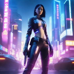 Hyper-realistic visualization of a stunning Chinese girl in futuristic cyberpunk clothing with long pants, masterfully brandishing a vast, glowing sword in the midst of an advanced, neon-lit Shanghai cityscape