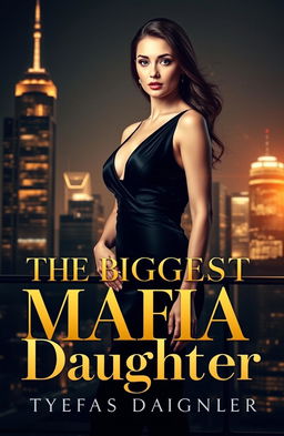 A beautifully designed luxury book cover featuring a glamorous and powerful woman with an elegant appearance, dressed in a sleek black dress, standing confidently in front of a modern city skyline at night