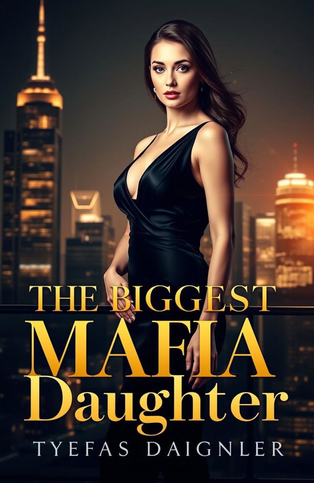 A beautifully designed luxury book cover featuring a glamorous and powerful woman with an elegant appearance, dressed in a sleek black dress, standing confidently in front of a modern city skyline at night