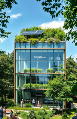 A modern green building with a sleek, eco-friendly design, featuring large glass windows and a green rooftop garden filled with vibrant plants