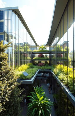 A modern green building with a sleek, eco-friendly design, featuring large glass windows and a green rooftop garden filled with vibrant plants