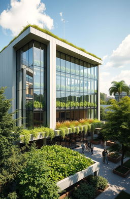 A modern green building with a sleek, eco-friendly design, featuring large glass windows and a green rooftop garden filled with vibrant plants