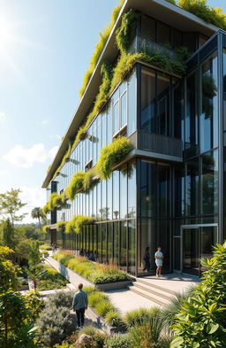 A modern green building with a sleek, eco-friendly design, featuring large glass windows and a green rooftop garden filled with vibrant plants