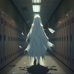An anime-style scene depicting a ghost wandering through a school hallway