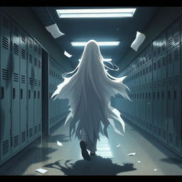 An anime-style scene depicting a ghost wandering through a school hallway