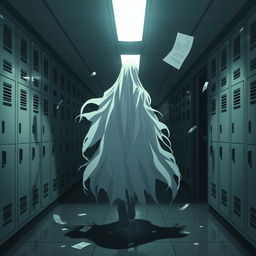 An anime-style scene depicting a ghost wandering through a school hallway