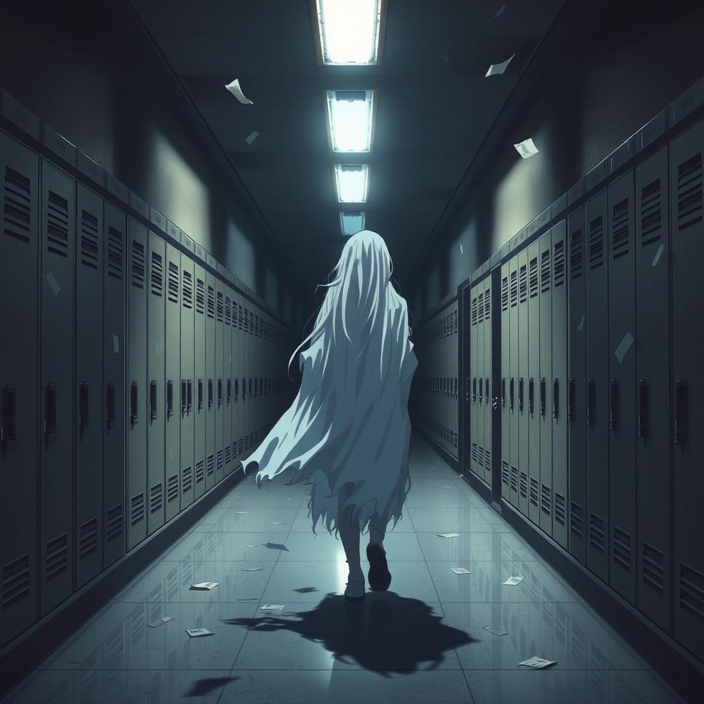 An anime-style scene depicting a ghost wandering through a school hallway