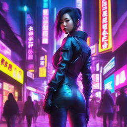 Hyper-realistic depiction of a stunning Japanese girl, swathed in long pants and cyberpunk ninja gear, stealthily traversing the vivid neon light-soaked architecture of an advanced, futuristic Tokyo