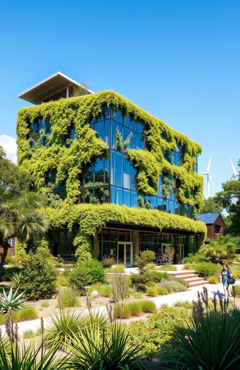 A stunning modern green building demonstrating sustainable architecture, featuring a glass façade integrated with green plants and solar panels on the roof