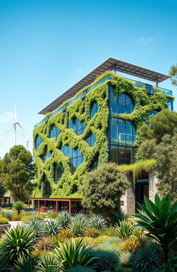 A stunning modern green building demonstrating sustainable architecture, featuring a glass façade integrated with green plants and solar panels on the roof