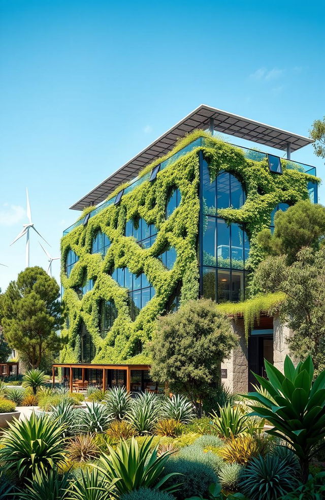 A stunning modern green building demonstrating sustainable architecture, featuring a glass façade integrated with green plants and solar panels on the roof