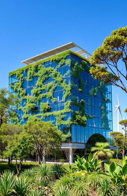 A stunning modern green building demonstrating sustainable architecture, featuring a glass façade integrated with green plants and solar panels on the roof