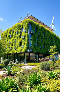 A stunning modern green building demonstrating sustainable architecture, featuring a glass façade integrated with green plants and solar panels on the roof