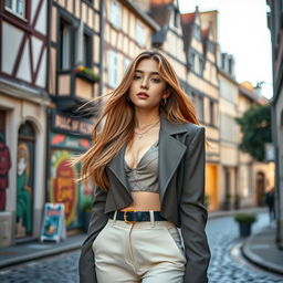 A captivating portrait of Lisa from BLACKPINK, standing amidst the picturesque streets of Rennes, France