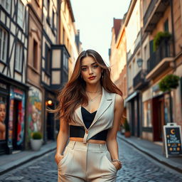 A captivating portrait of Lisa from BLACKPINK, standing amidst the picturesque streets of Rennes, France