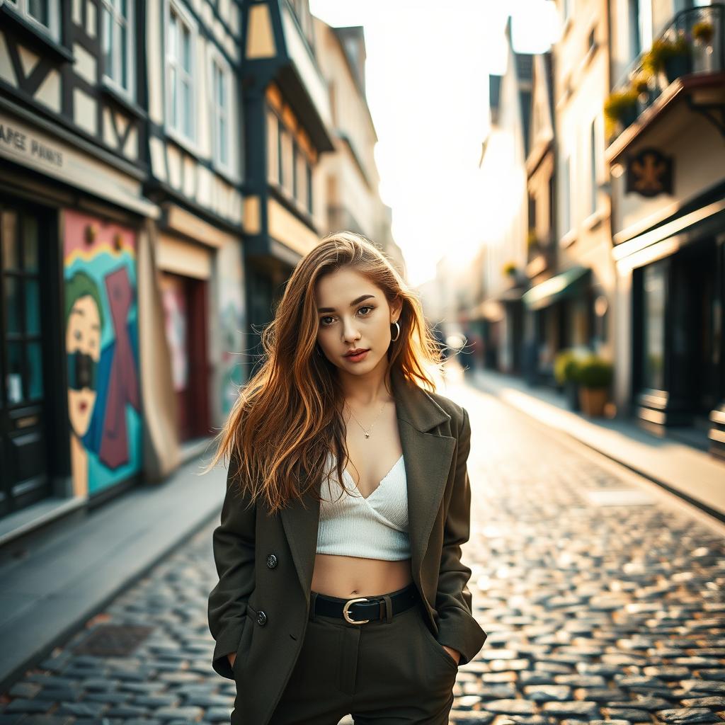 A captivating portrait of Lisa from BLACKPINK, standing amidst the picturesque streets of Rennes, France