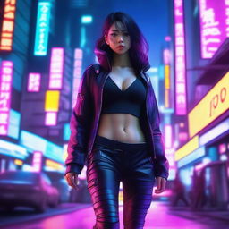 Hyper-realistic depiction of a stunning Japanese girl, swathed in long pants and cyberpunk ninja gear, stealthily traversing the vivid neon light-soaked architecture of an advanced, futuristic Tokyo