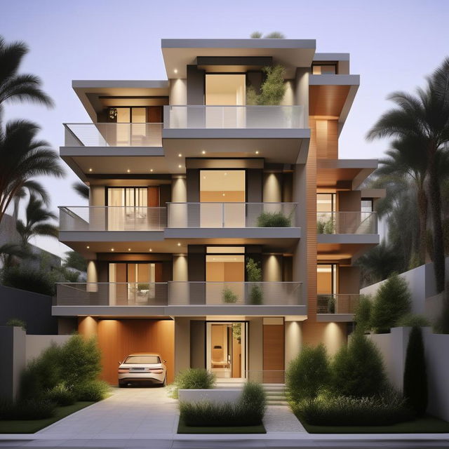 A detailed plan for a 4-bedroom duplex house, featuring spacious rooms, a modern layout, and architectural details such as balconies, stairs, and courtyards.