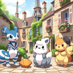 A whimsical scene featuring a variety of adorable and unique French-themed Pokémon, set in a picturesque French village with classic stone architecture and lush greenery