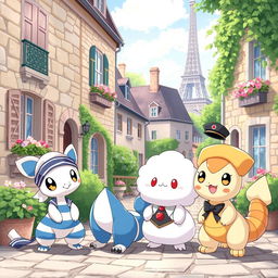 A whimsical scene featuring a variety of adorable and unique French-themed Pokémon, set in a picturesque French village with classic stone architecture and lush greenery
