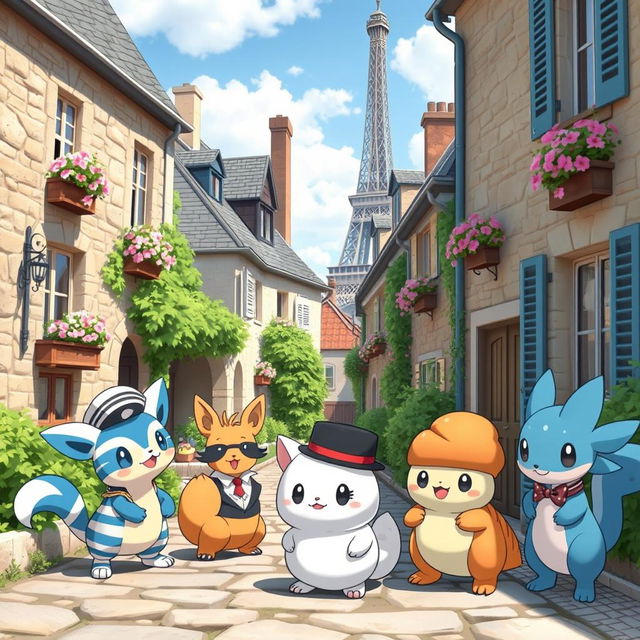 A whimsical scene featuring a variety of adorable and unique French-themed Pokémon, set in a picturesque French village with classic stone architecture and lush greenery