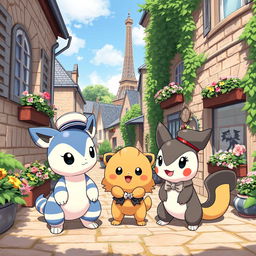 A whimsical scene featuring a variety of adorable and unique French-themed Pokémon, set in a picturesque French village with classic stone architecture and lush greenery