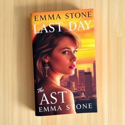 A captivating book cover for a novel titled "The Last Day" featuring a stunning sunset casting golden and orange hues over a vibrant city skyline