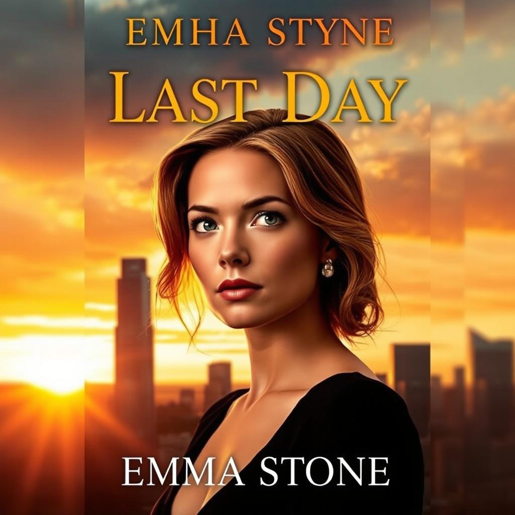 A captivating book cover for a novel titled "The Last Day" featuring a stunning sunset casting golden and orange hues over a vibrant city skyline