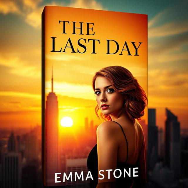 A captivating book cover for a novel titled "The Last Day" featuring a stunning sunset casting golden and orange hues over a vibrant city skyline