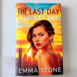 A captivating book cover for a novel titled "The Last Day" featuring a stunning sunset casting golden and orange hues over a vibrant city skyline