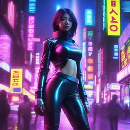 Hyper-realistic depiction of a stunning Japanese girl, swathed in long pants and cyberpunk ninja gear, stealthily traversing the vivid neon light-soaked architecture of an advanced, futuristic Tokyo