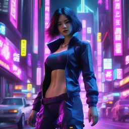 Hyper-realistic depiction of a stunning Japanese girl, swathed in long pants and cyberpunk ninja gear, stealthily traversing the vivid neon light-soaked architecture of an advanced, futuristic Tokyo