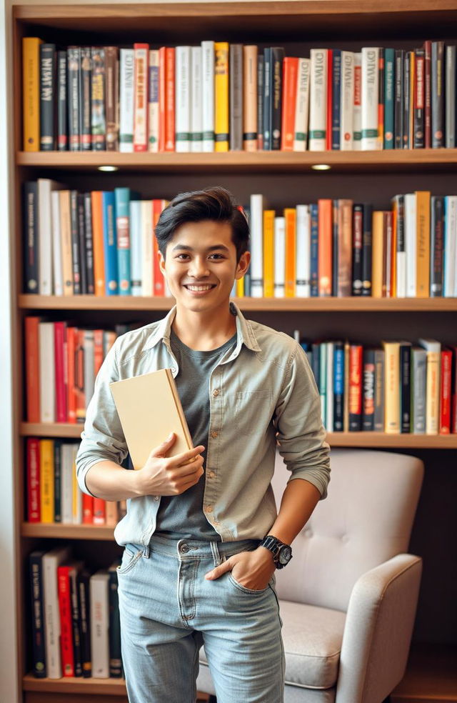 A young adult standing confidently in front of a colorful bookshelf filled with a variety of books