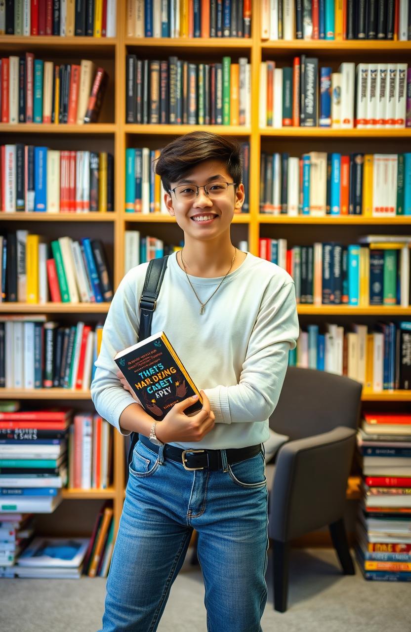 A young adult standing confidently in front of a colorful bookshelf filled with a variety of books