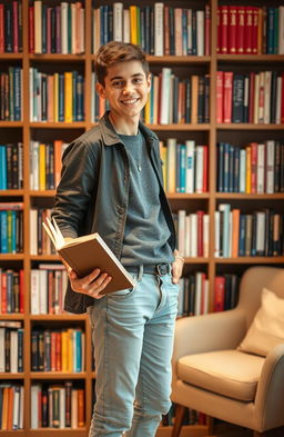 A young adult standing confidently in front of a colorful bookshelf filled with a variety of books