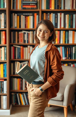 A young adult standing confidently in front of a colorful bookshelf filled with a variety of books