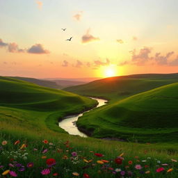 A serene landscape at sunrise, showcasing rolling hills covered in lush green grass