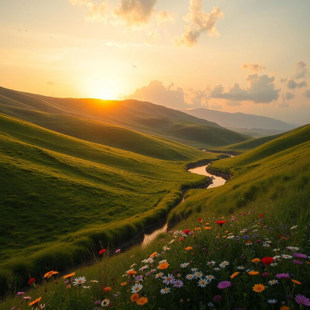 A serene landscape at sunrise, showcasing rolling hills covered in lush green grass