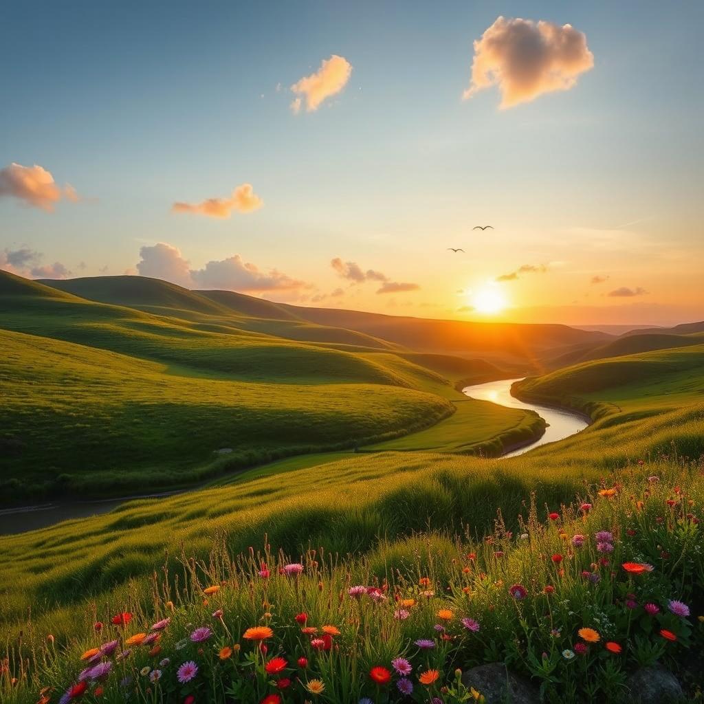 A serene landscape at sunrise, showcasing rolling hills covered in lush green grass