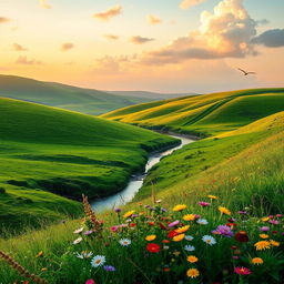 A serene landscape at sunrise, showcasing rolling hills covered in lush green grass