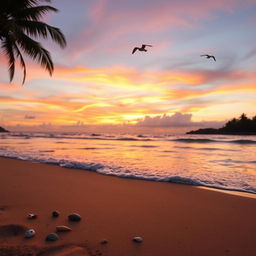 A tranquil beach scene at sunset, featuring soft waves gently lapping against the shore
