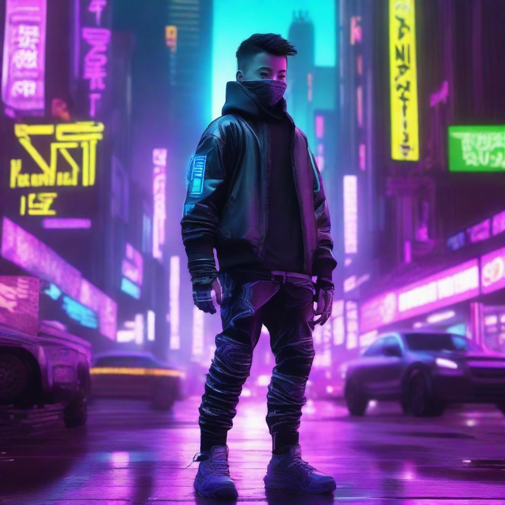 Hyper-realistic portrayal of a handsome young boy, clothed in long pants cyberpunk ninja gear, silently navigating the radiant neon-lit structures of an advanced future city