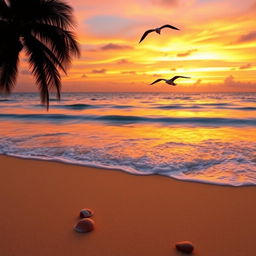 A tranquil beach scene at sunset, featuring soft waves gently lapping against the shore