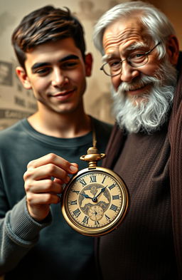 A heartfelt scene depicting a young man holding a vintage pocket watch, intricately designed with ornate engravings, symbolizing time travel and a life journey filled with valuable lessons