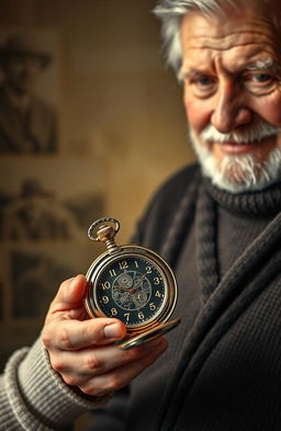 A heartfelt scene depicting a young man holding a vintage pocket watch, intricately designed with ornate engravings, symbolizing time travel and a life journey filled with valuable lessons