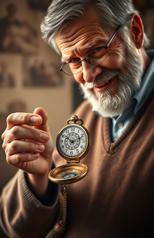 A heartfelt scene depicting a young man holding a vintage pocket watch, intricately designed with ornate engravings, symbolizing time travel and a life journey filled with valuable lessons