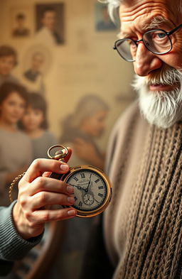 A heartfelt scene depicting a young man holding a vintage pocket watch, intricately designed with ornate engravings, symbolizing time travel and a life journey filled with valuable lessons