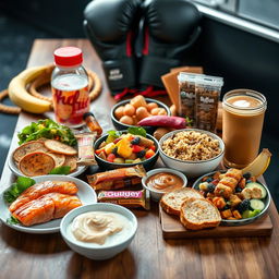 A vibrant and appealing arrangement of healthy foods tailored for boxers, highlighting nutritious meals and snacks that support athletic performance