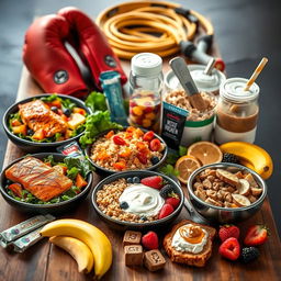 A vibrant and appealing arrangement of healthy foods tailored for boxers, highlighting nutritious meals and snacks that support athletic performance